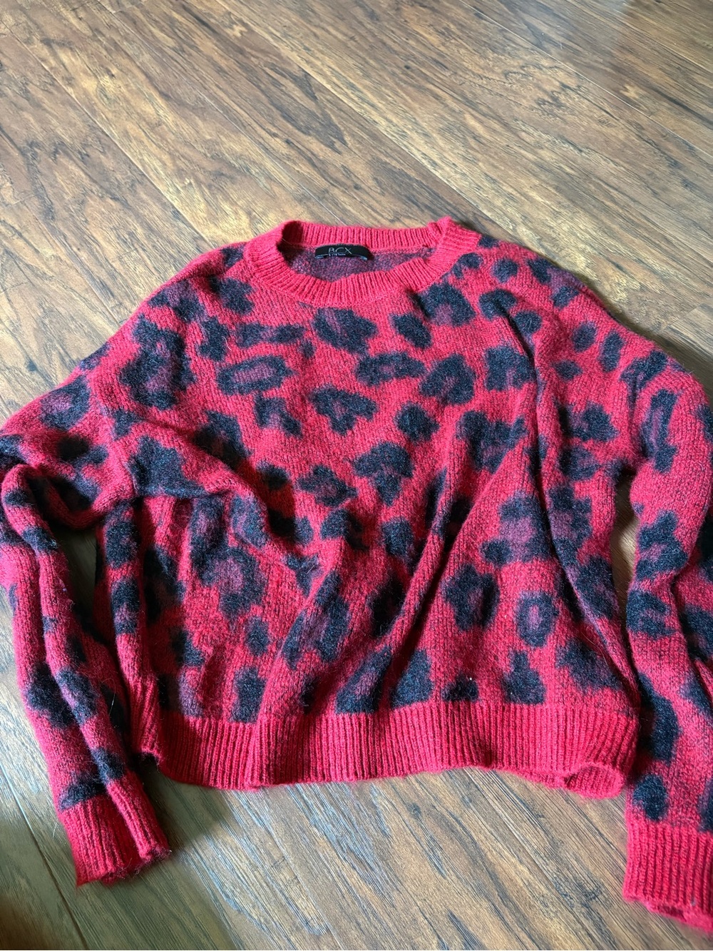 BCX Red and Black Leopard Print Crewneck Sweater